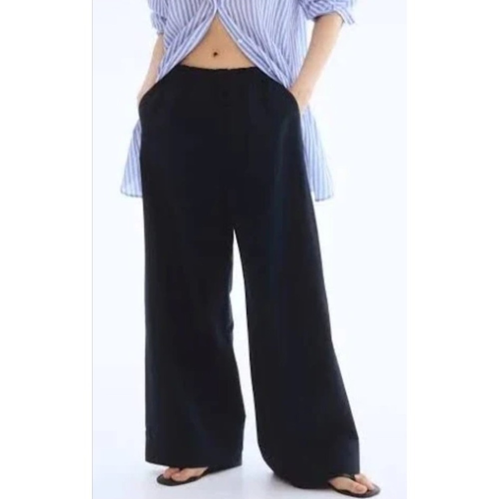 H&M Womens Black High Rise Relaxed Fit Linen Blend Wide Leg Trouser Pants Sz 10